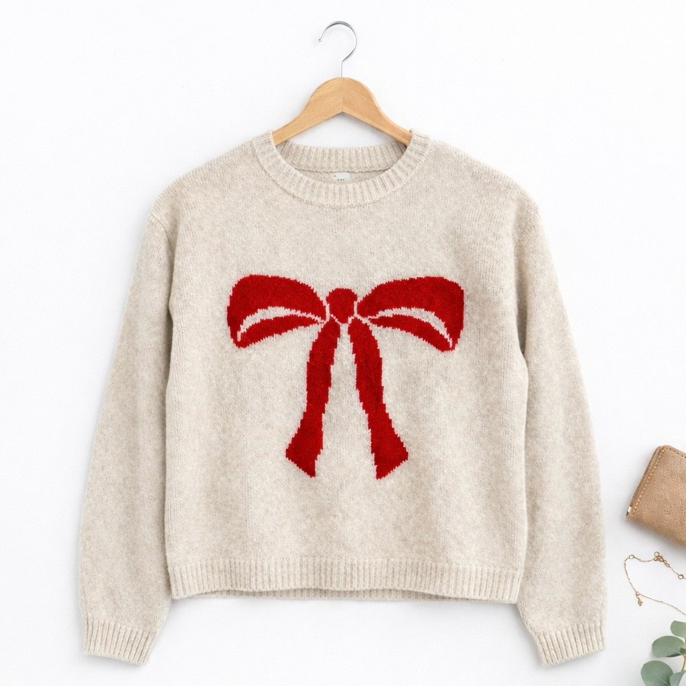a new day Beige Sweater with Red Bow
